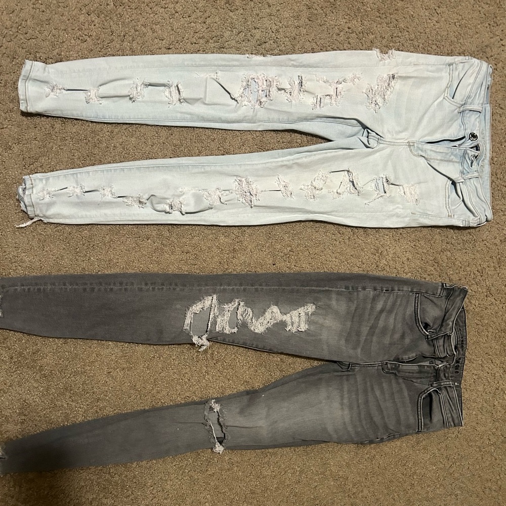 American Eagle Outfitters Light Blue and Gray Ripped Skinny Jeans